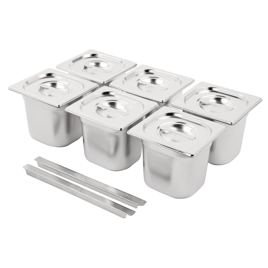 Vogue Stainless Steel Gastronorm Tray Set with Lids 1/6 (6 Pack)