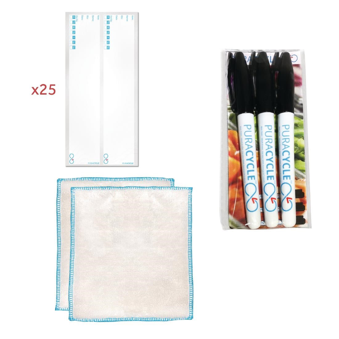 Puracycle Reusable Day Bottle Label Pack (25 Labels, 2 Cloths) + Free Pens