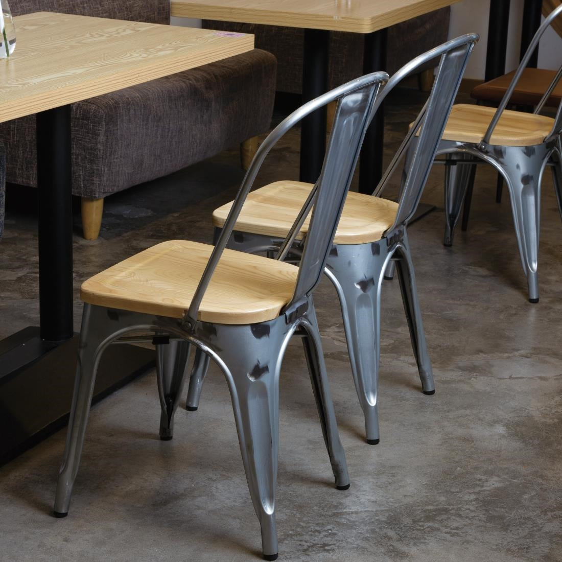 Bolero Bistro Side Chairs with Wooden Seat Pad Galvanised Steel (4 Pack)