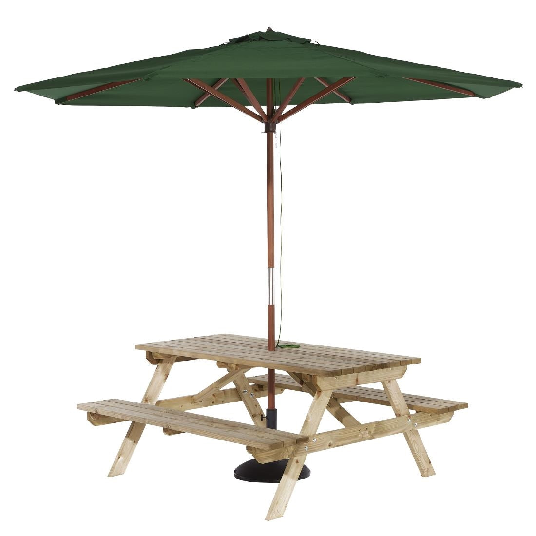 Rowlinson Picnic Table 5ft with Green Parasol 2.7m & Base 15kg