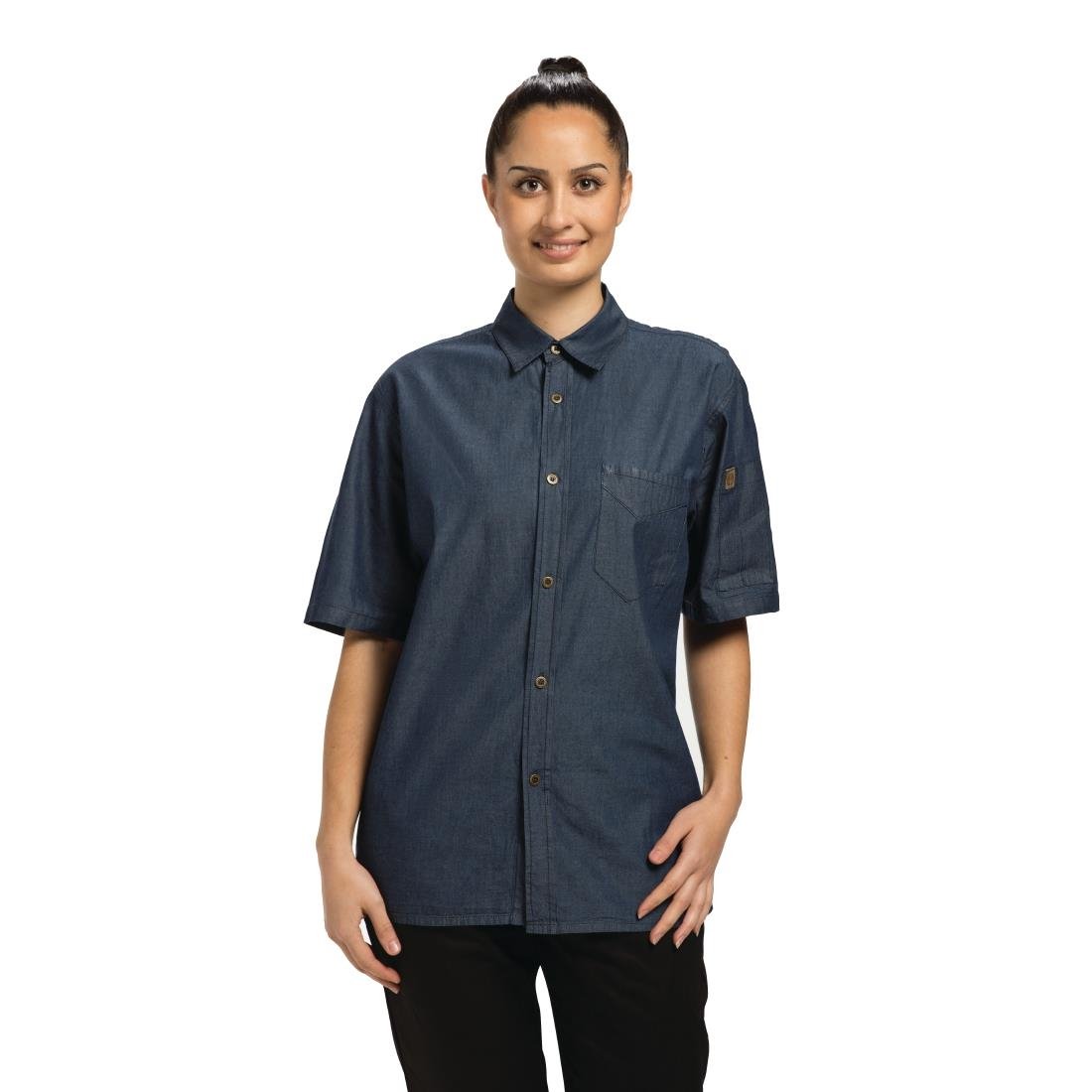 Chef Works Detroit Unisex Denim Shirt Short Sleeve Blue S