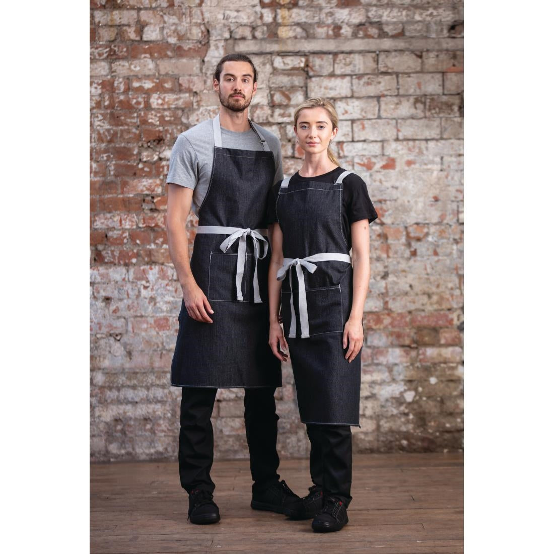 Southside X-Cross Back Bib Apron Denim Black with Grey Ties