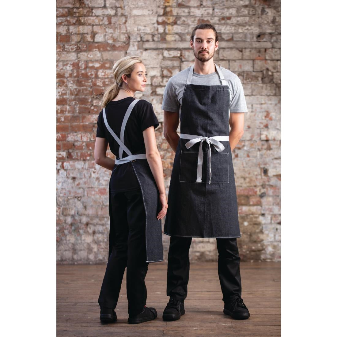 Southside X-Cross Back Bib Apron Denim Black with Grey Ties