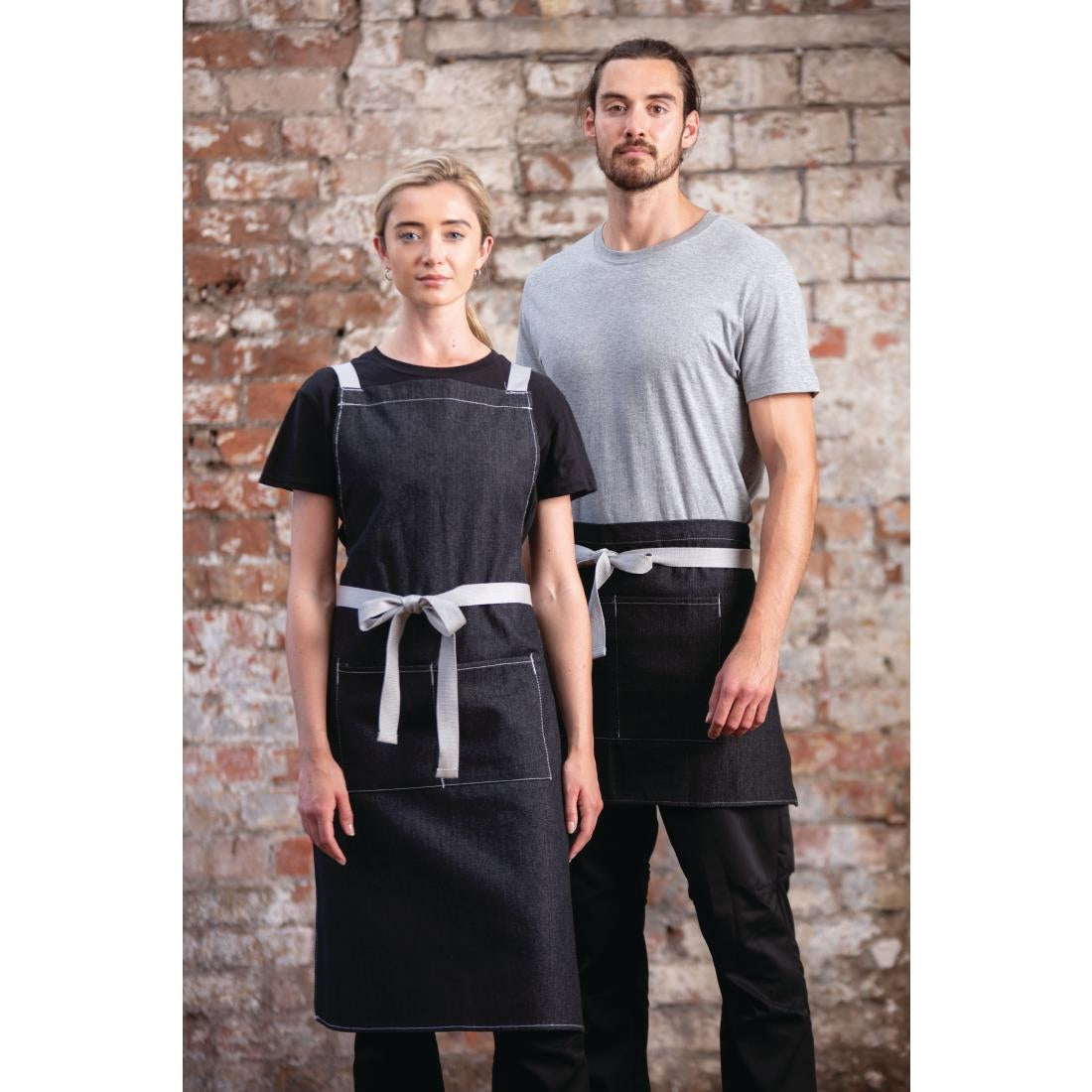 Southside X-Cross Back Bib Apron Denim Black with Grey Ties