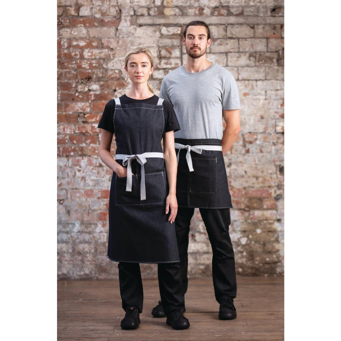 Southside X-Cross Back Bib Apron Denim Black with Grey Ties
