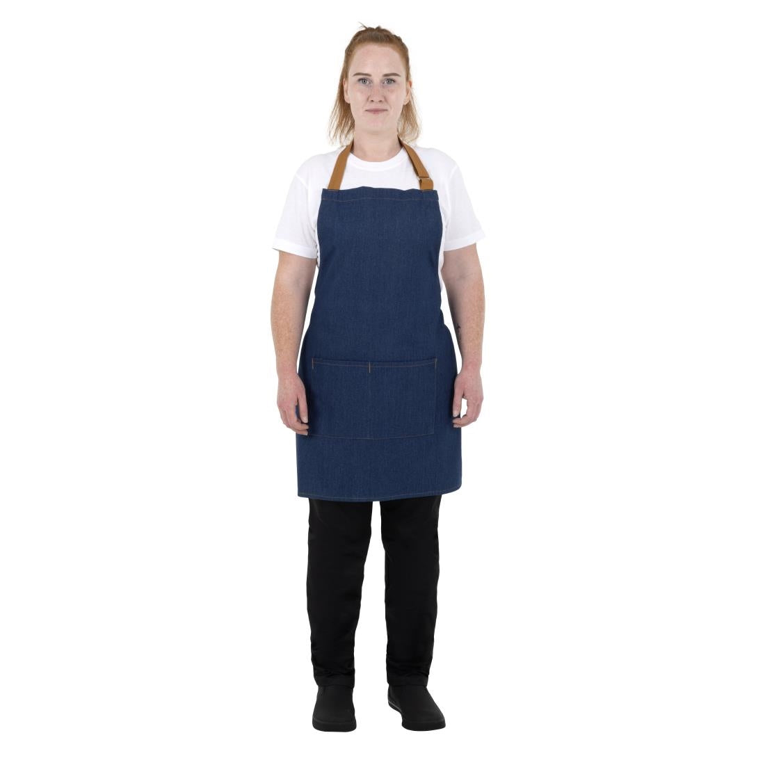 Southside Short Length Bib Apron Denim Blue with Tan Ties