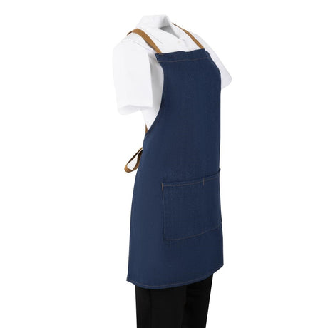 Southside Short Length X-Cross Back Bib Apron Denim Blue with Tan Ties