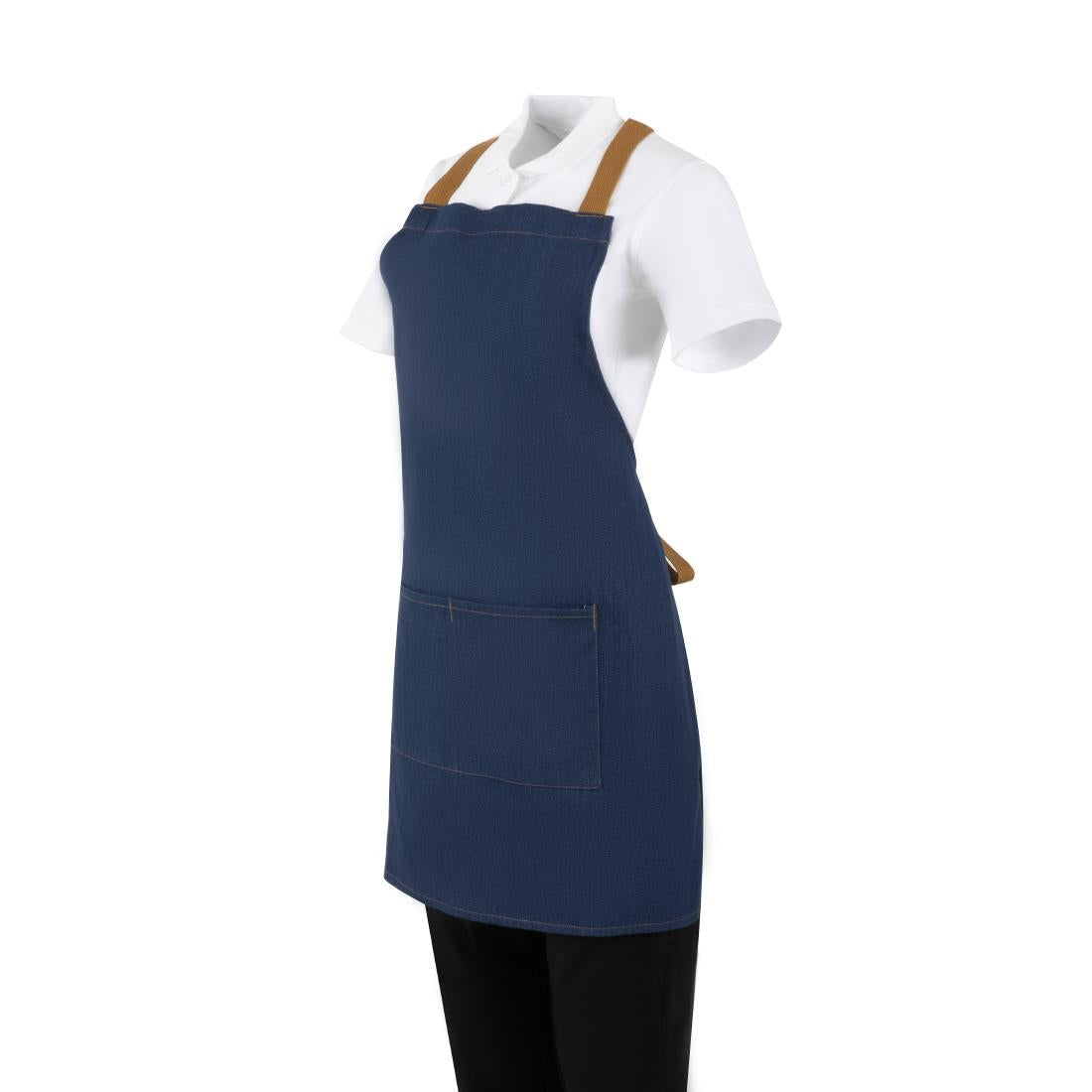Southside Short Length X-Cross Back Bib Apron Denim Blue with Tan Ties