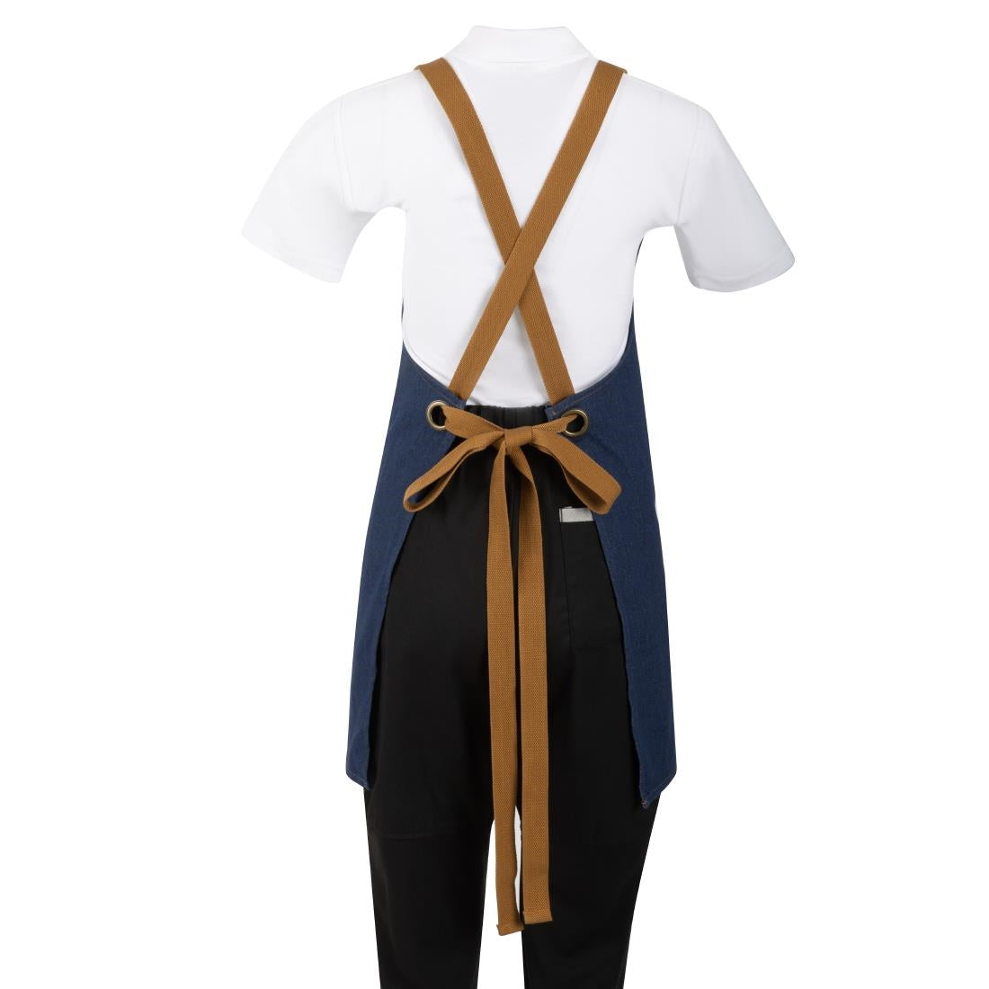 Southside Short Length X-Cross Back Bib Apron Denim Blue with Tan Ties