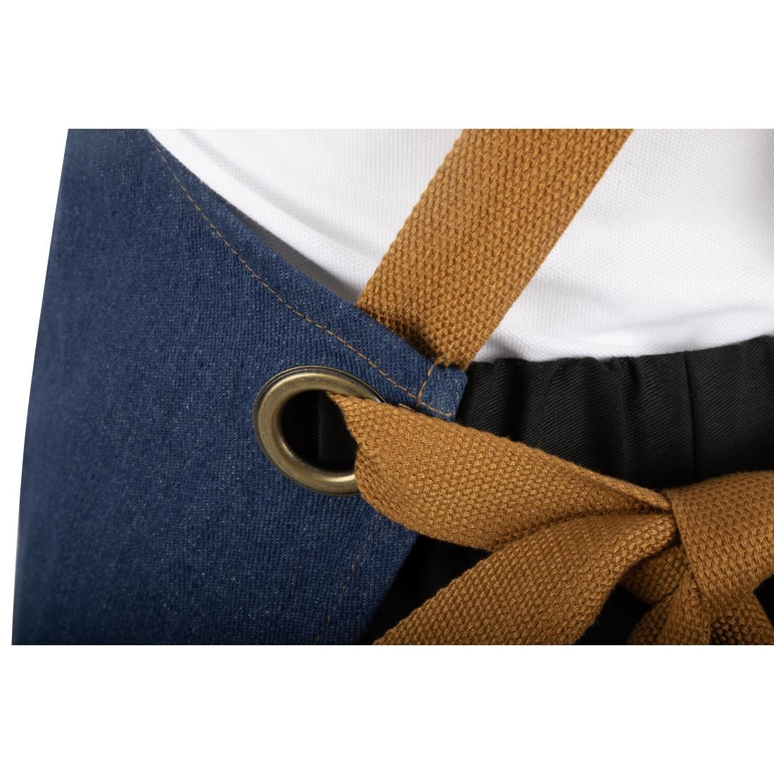 Southside Short Length X-Cross Back Bib Apron Denim Blue with Tan Ties