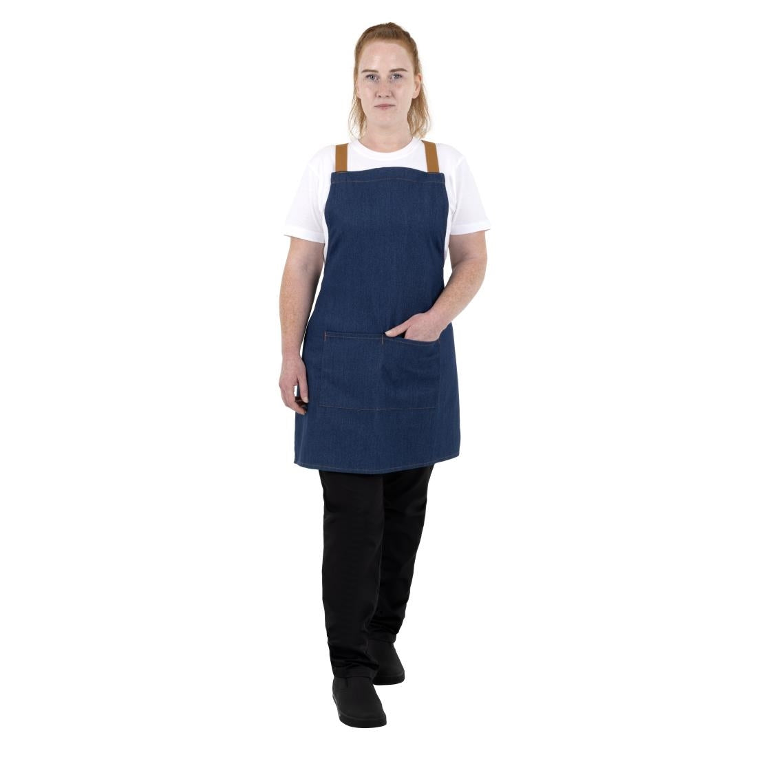 Southside Short Length X-Cross Back Bib Apron Denim Blue with Tan Ties
