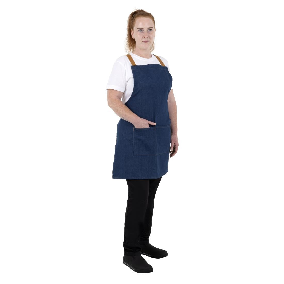 Southside Short Length X-Cross Back Bib Apron Denim Blue with Tan Ties