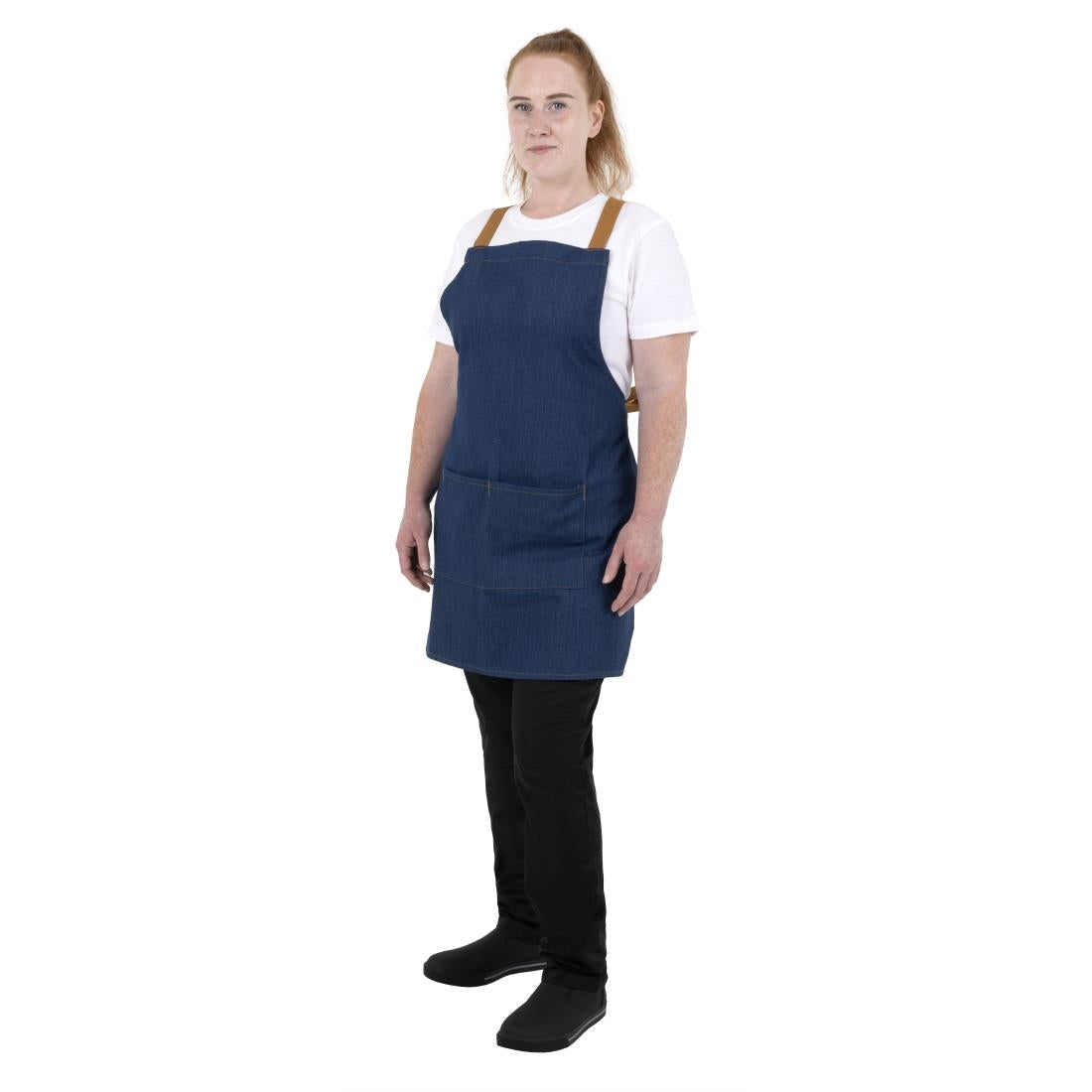 Southside Short Length X-Cross Back Bib Apron Denim Blue with Tan Ties