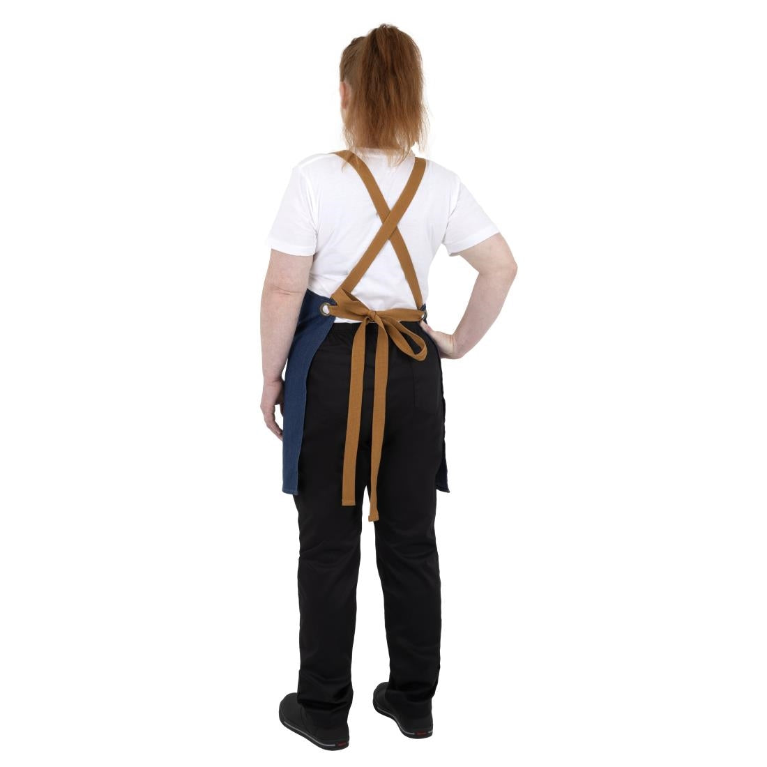 Southside Short Length X-Cross Back Bib Apron Denim Blue with Tan Ties
