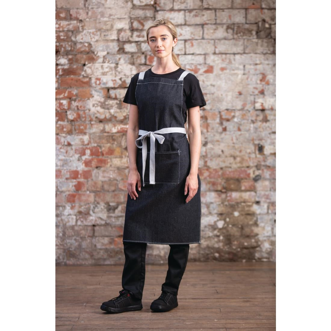 Southside X-Cross Back Bib Apron Denim Black with Grey Ties