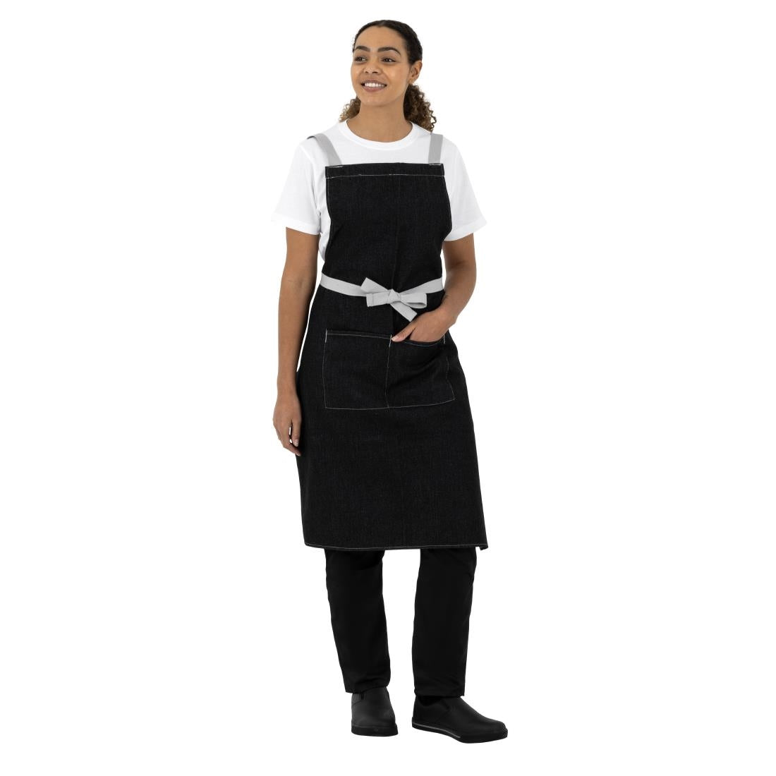 Southside X-Cross Back Bib Apron Denim Black with Grey Ties