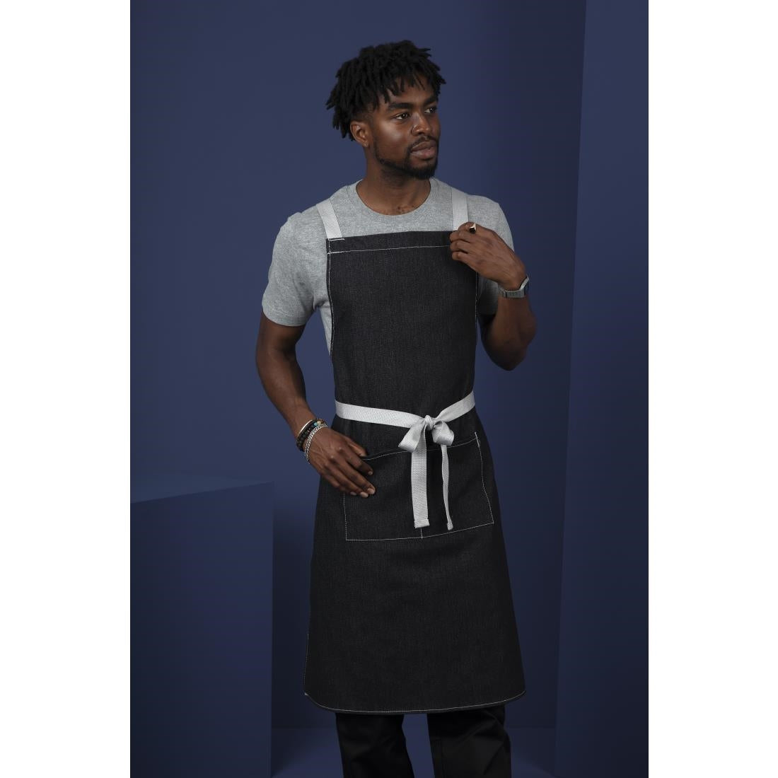 Southside X-Cross Back Bib Apron Denim Black with Grey Ties