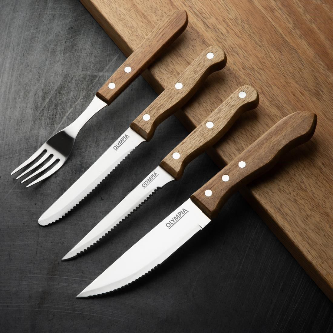 Olympia Steak Knives with Acacia Handles 113mm (12 Pack)