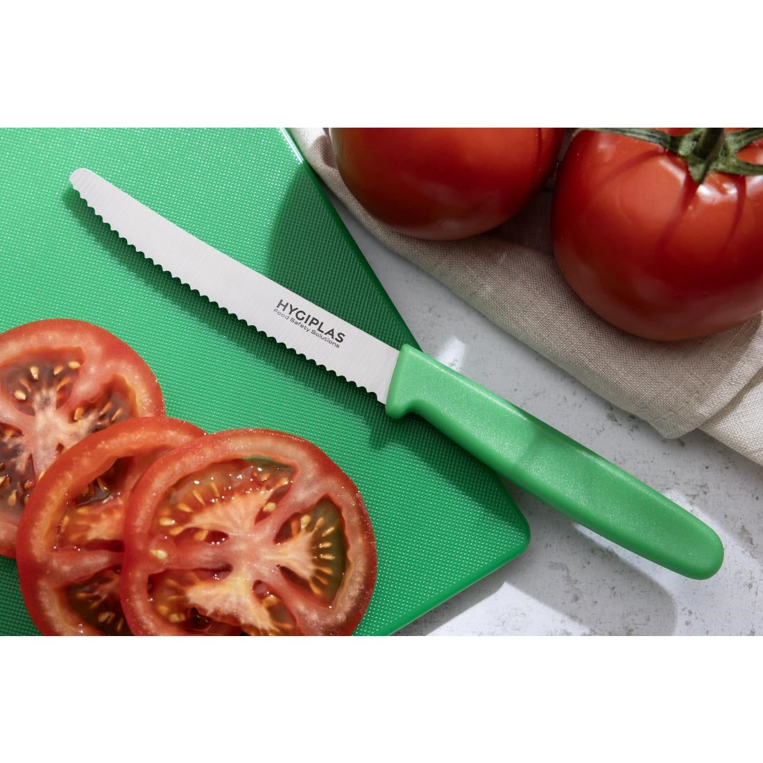 Hygiplas Serrated Tomato Knife Green 10.5cm