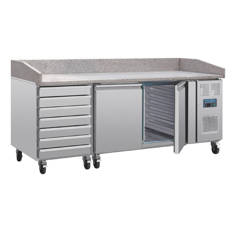 Polar U-Series Double Door Pizza Counter with Granite Top and Dough Drawers 290Ltr