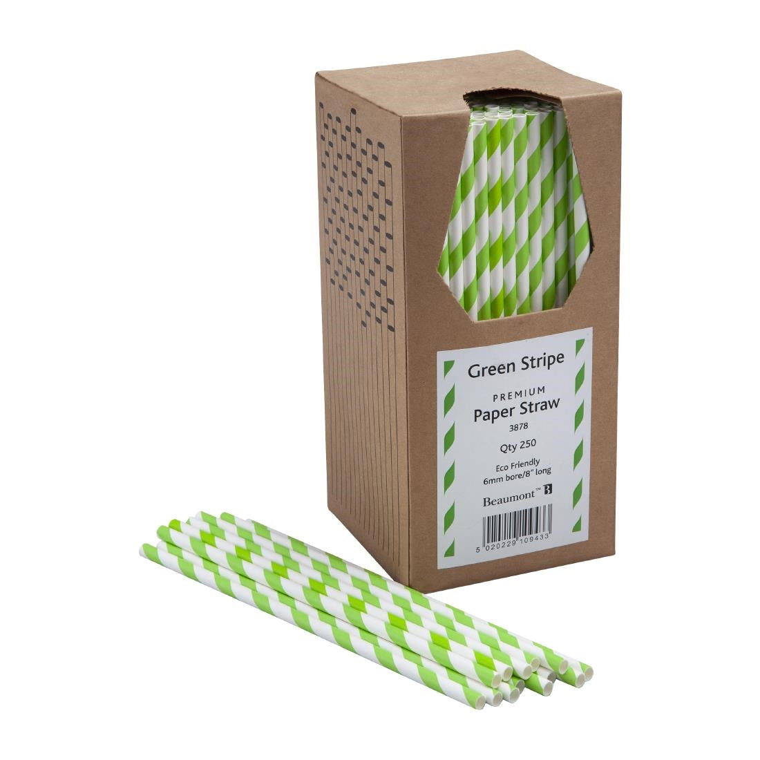 Beaumont 6mm Bore Paper Straw Green & White Striped (Pack 250)