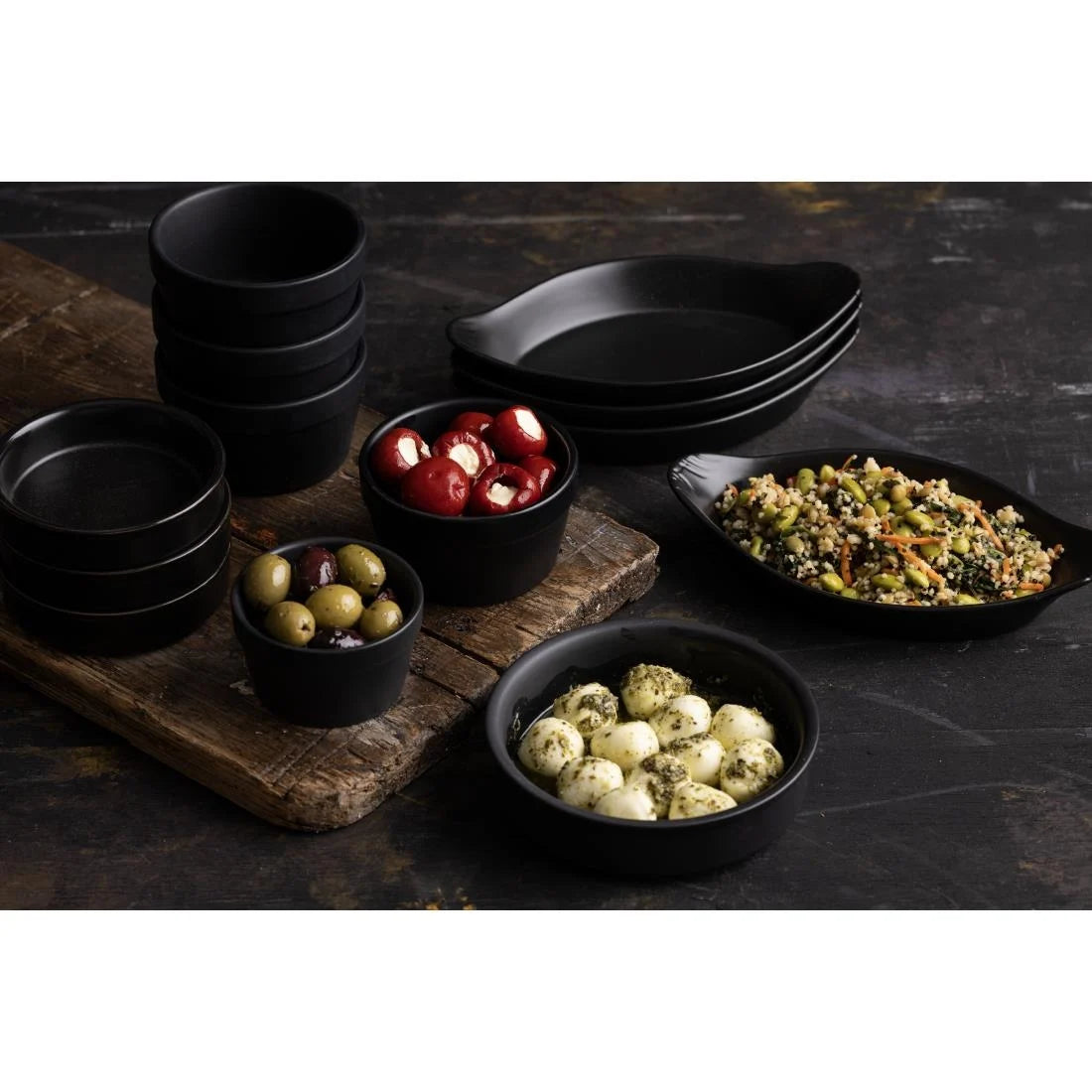 Olympia Mediterranean Oval Eared Dishes Black 204x118mm (6 Pack)