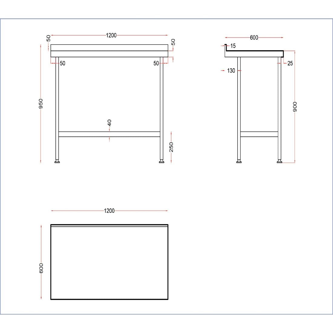 Vogue Stainless Steel Wall Table with Upstand 1200mm