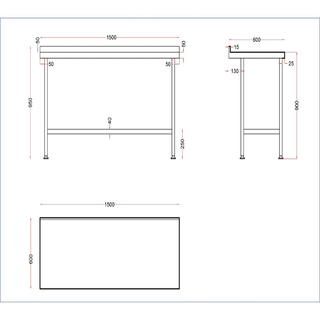 Vogue Stainless Steel Wall Table with Upstand 1500mm