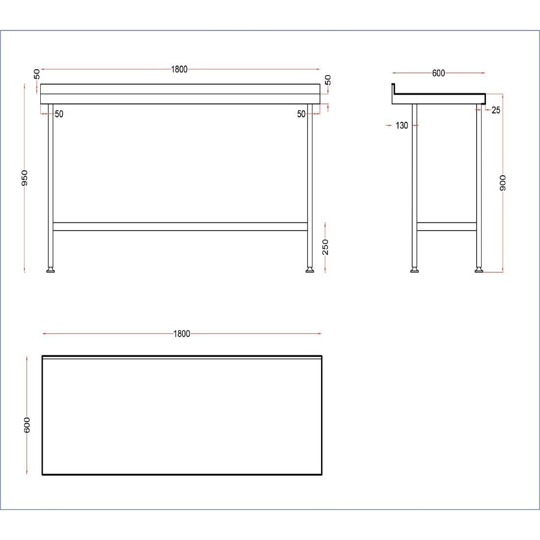 Vogue Stainless Steel Wall Table with Upstand 1800mm