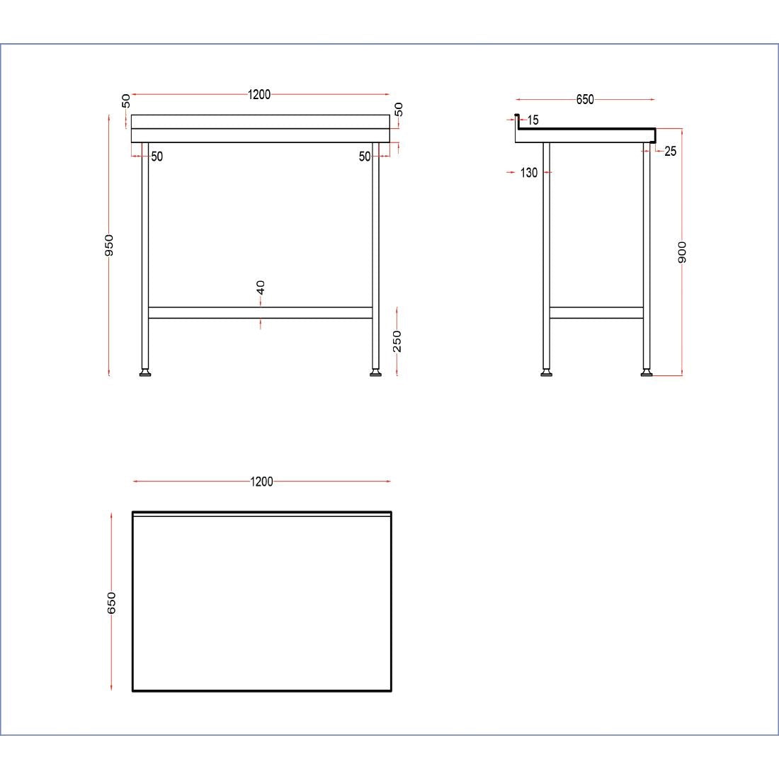 Vogue Stainless Steel Wall Table with Upstand 1200mm