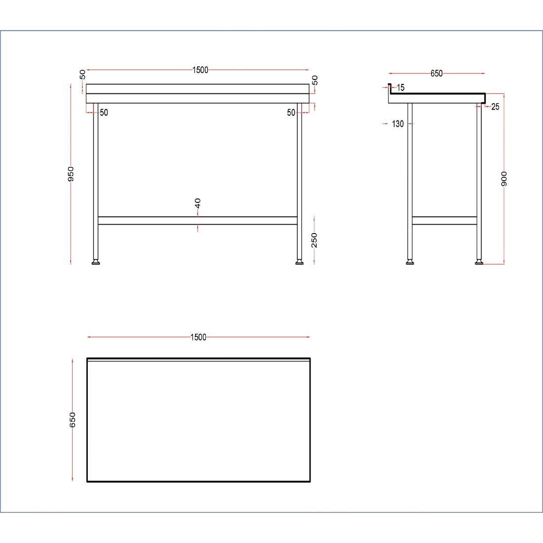 Vogue Stainless Steel Wall Table with Upstand 1500mm