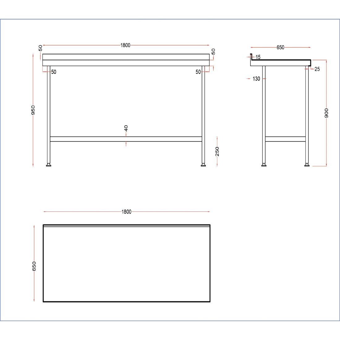 Vogue Stainless Wall Table with Upstand 1800mm
