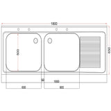 Vogue Fully Assembled Stainless Steel Sink Right Hand Drainer 1800mm