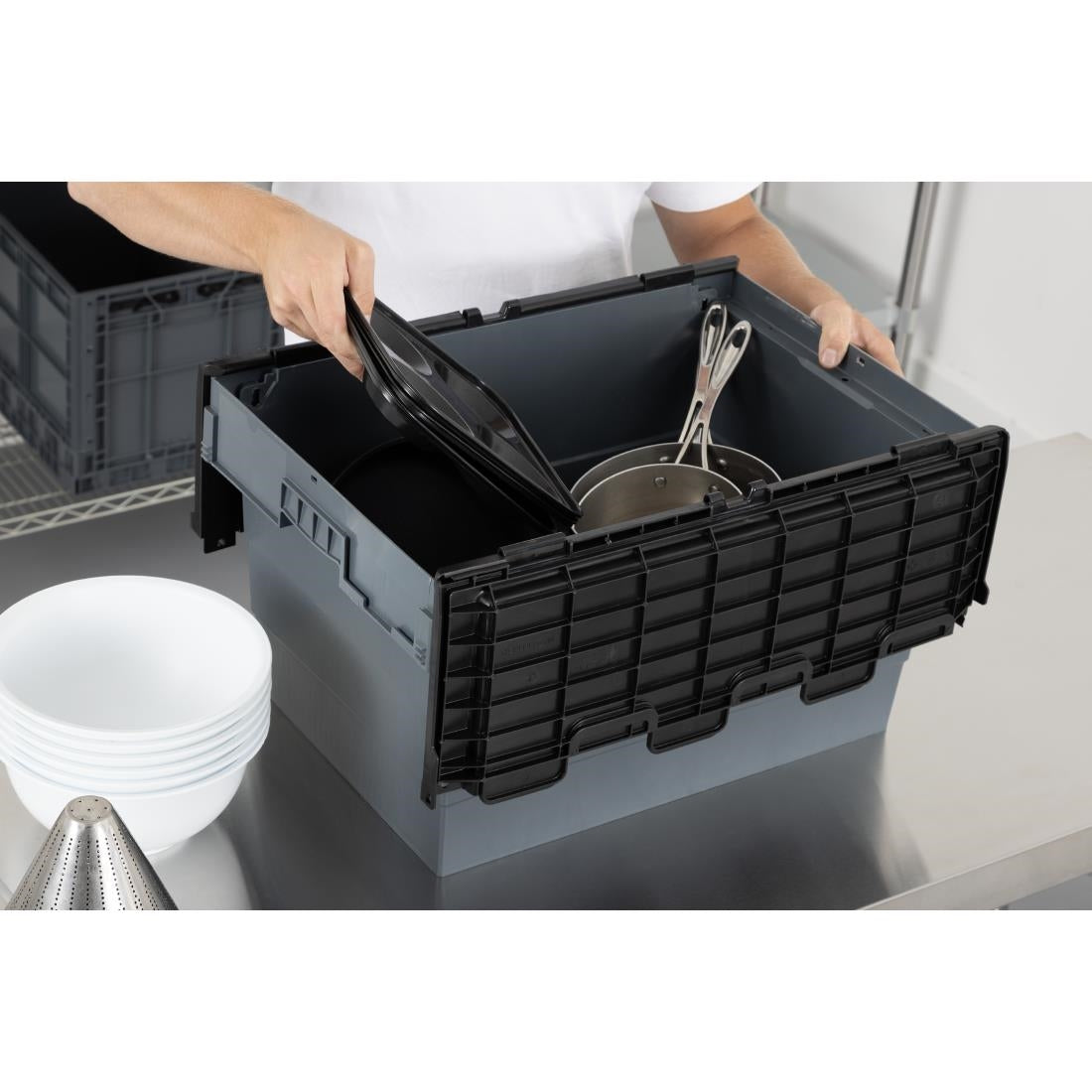 Vogue Plastic Transport Storage Crate with Attached Lid 600x400x320mm