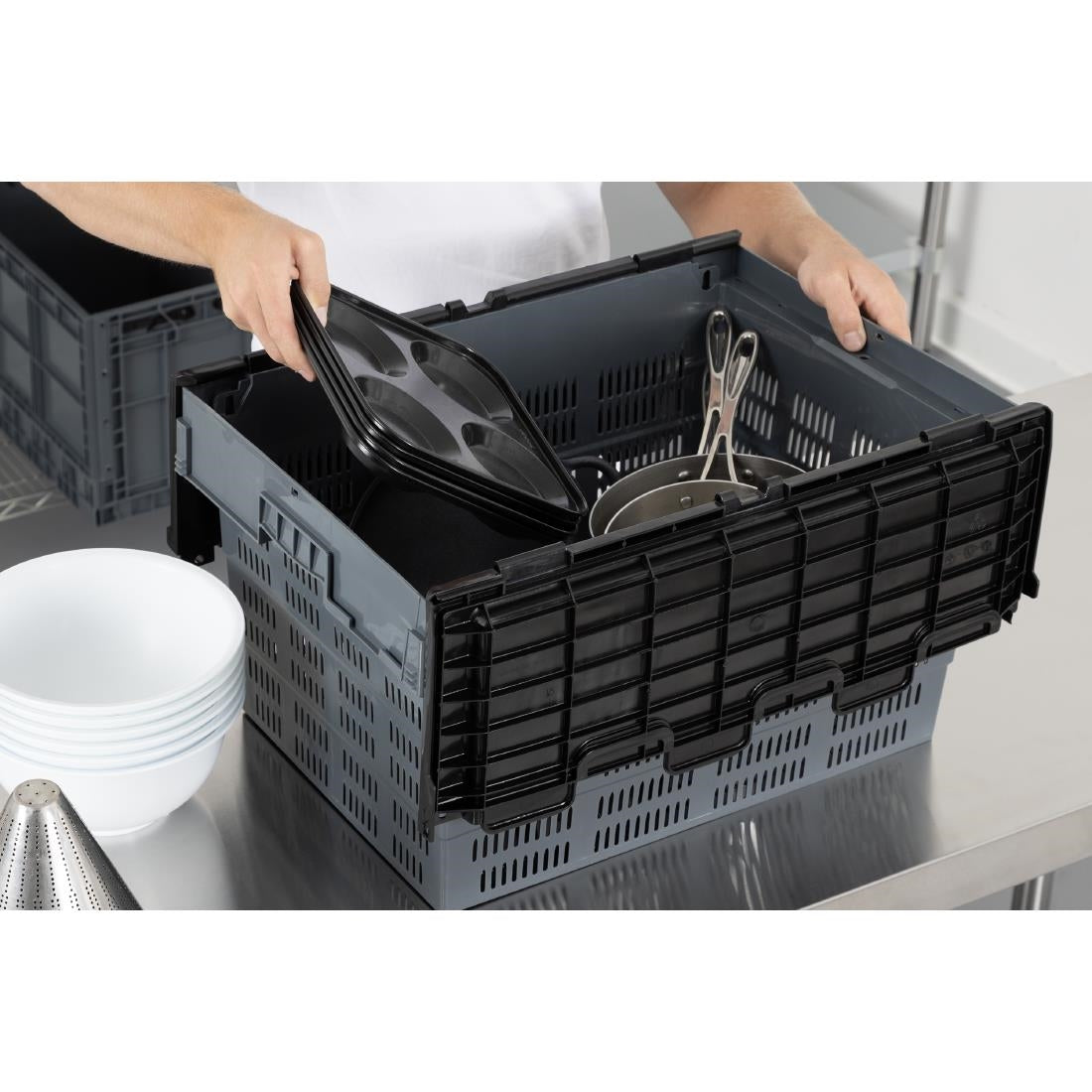 Vogue Perforated Plastic Transport Storage Crate with Attached Lid 600x400x320mm