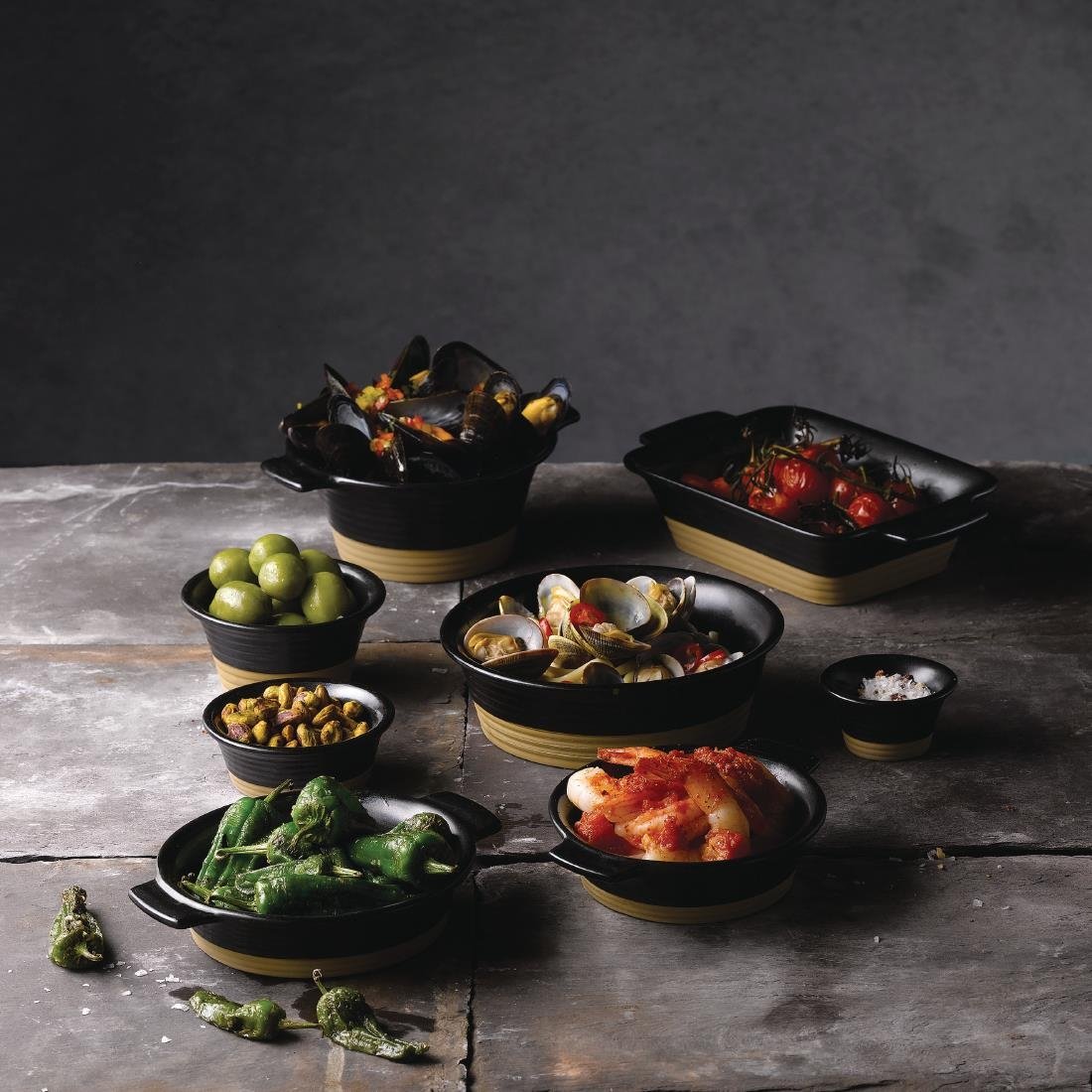 Churchill Black Igneous Stoneware Rectangle Dishes 170mm (6 Pack)