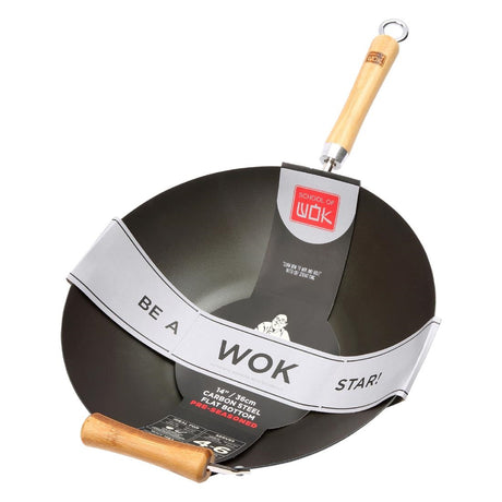 Dexam School of Wok Pre-Seasoned Carbon Steel Flat Base Wok 360mm