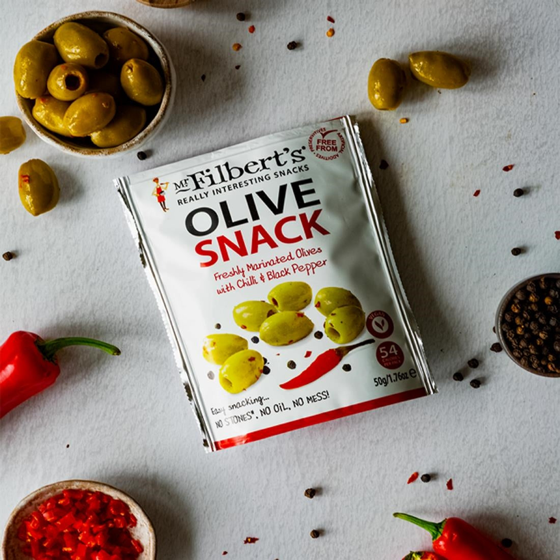 Mr Filbert's Green Olives Chilli & Black Pepper 50g (12 Pack)