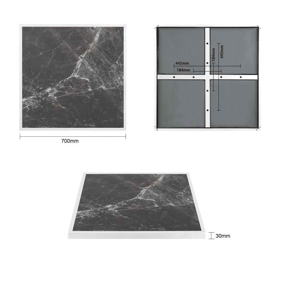 Bolero Dark Granite Effect Outdoor Tempered Glass Table Top White Trim 700mm
