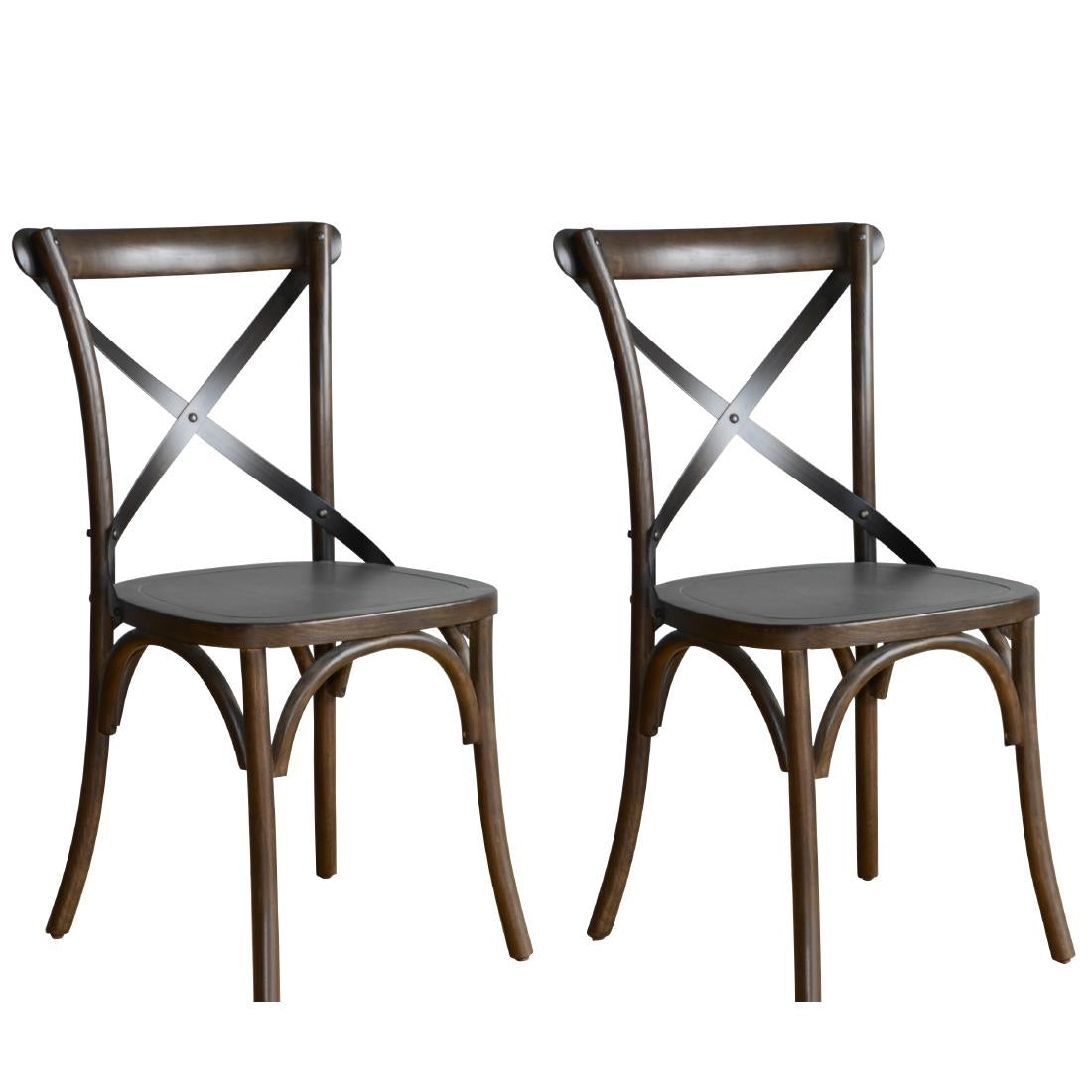 Bolero Wooden Dining Chair with Metal Cross Backrest Walnut Finish (2 Pack)