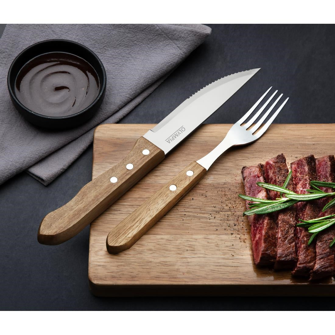 Olympia Jumbo Steak Knives with Acacia Handles 122mm (12 Pack)