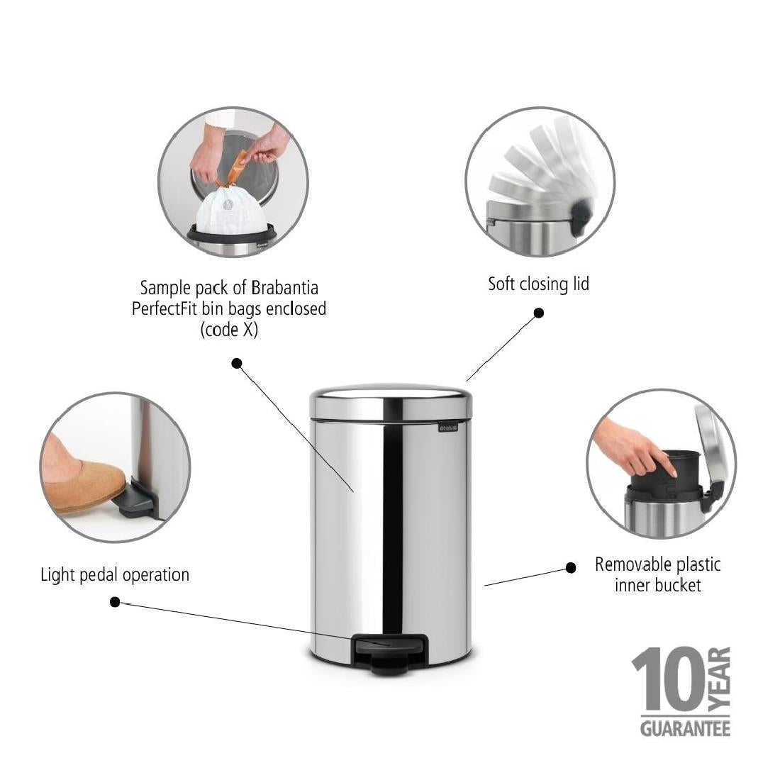 Brabantia NewIcon Pedal Bin Bucket Brilliant Steel 12Ltr