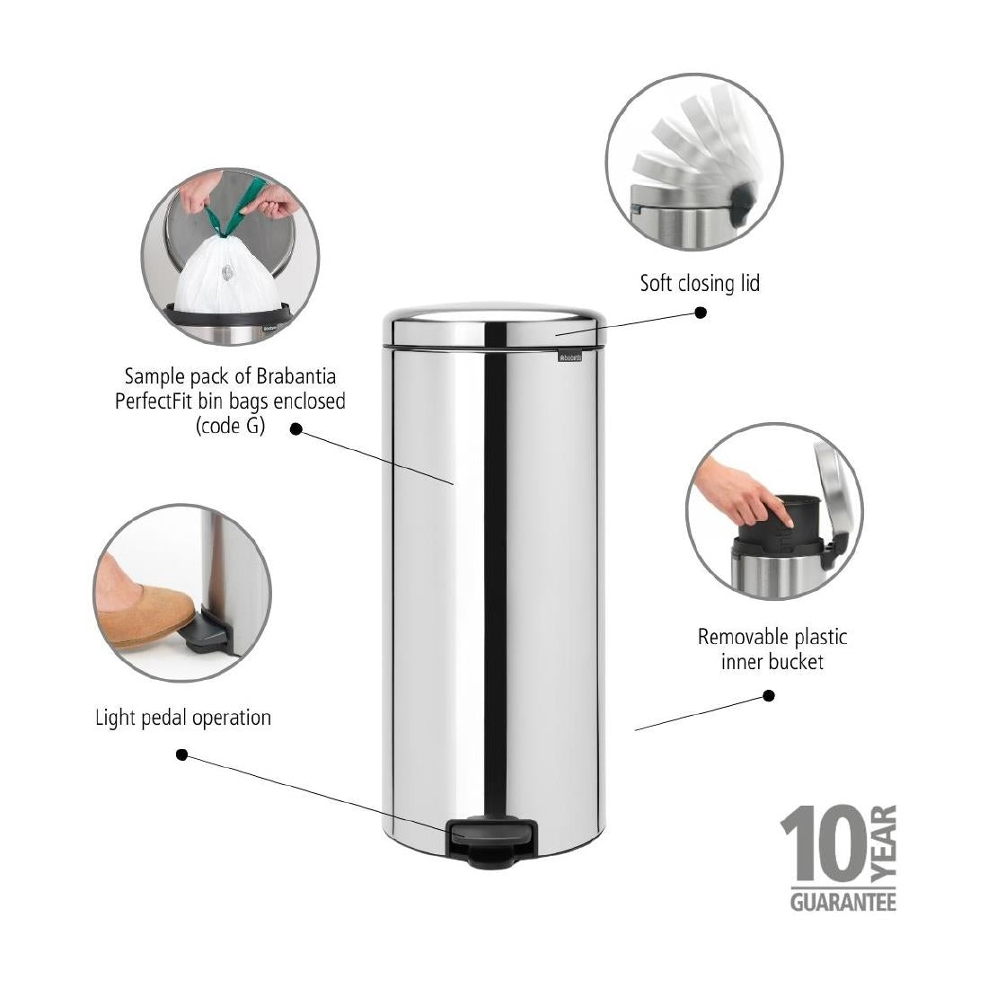 Brabantia NewIcon Pedal Bin Bucket Brilliant Steel 30Ltr