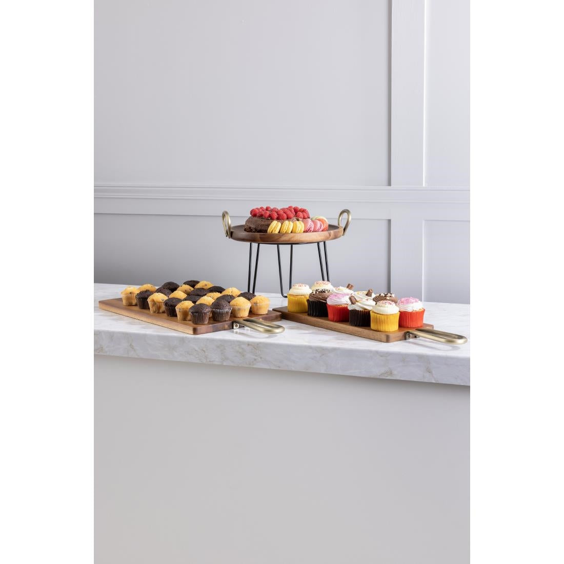 Olympia Round Dish Acacia Wood Metal Handles 345x305x80mm