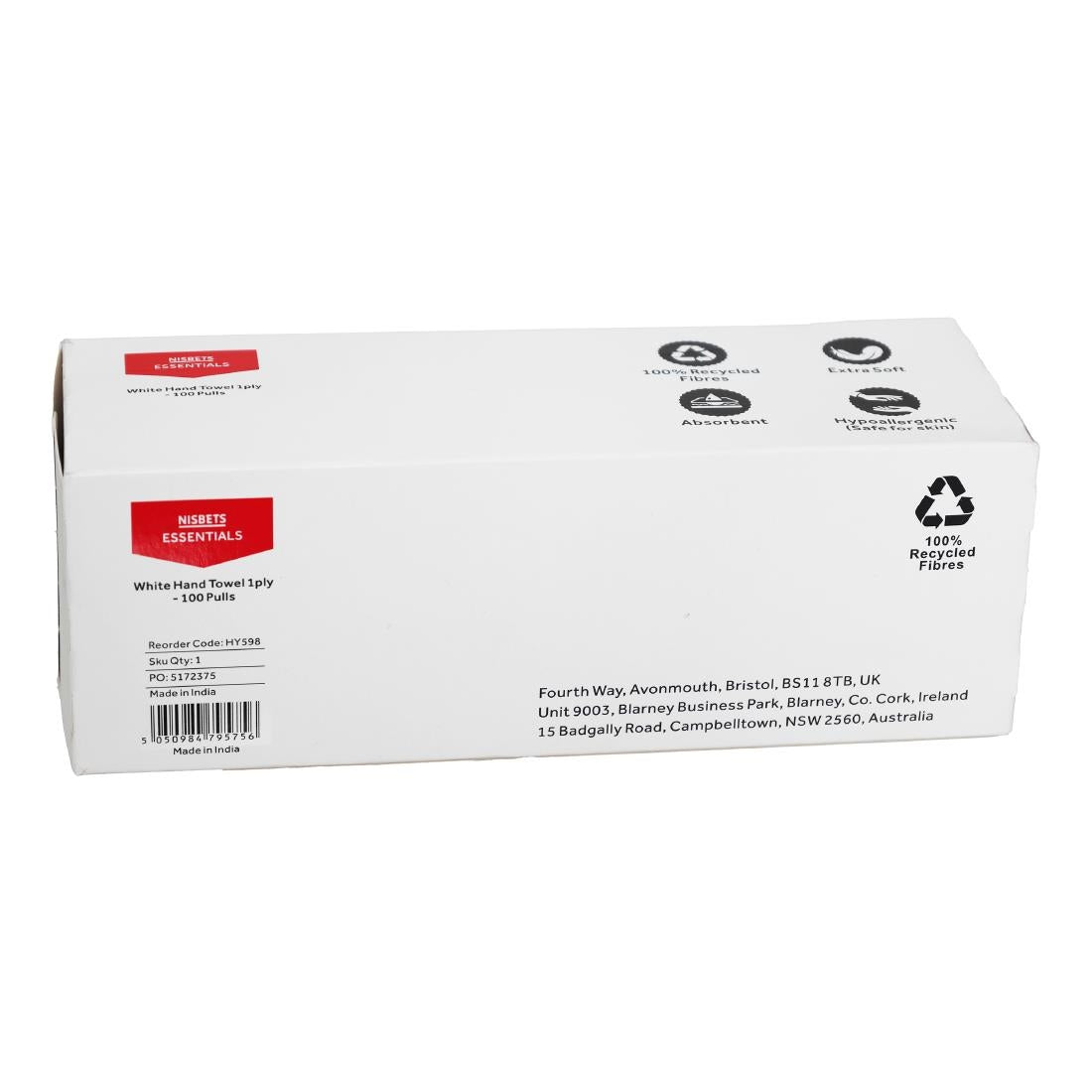 Nisbets Essentials White Hand Towels 1ply - 100 Sheets (36 Pack)