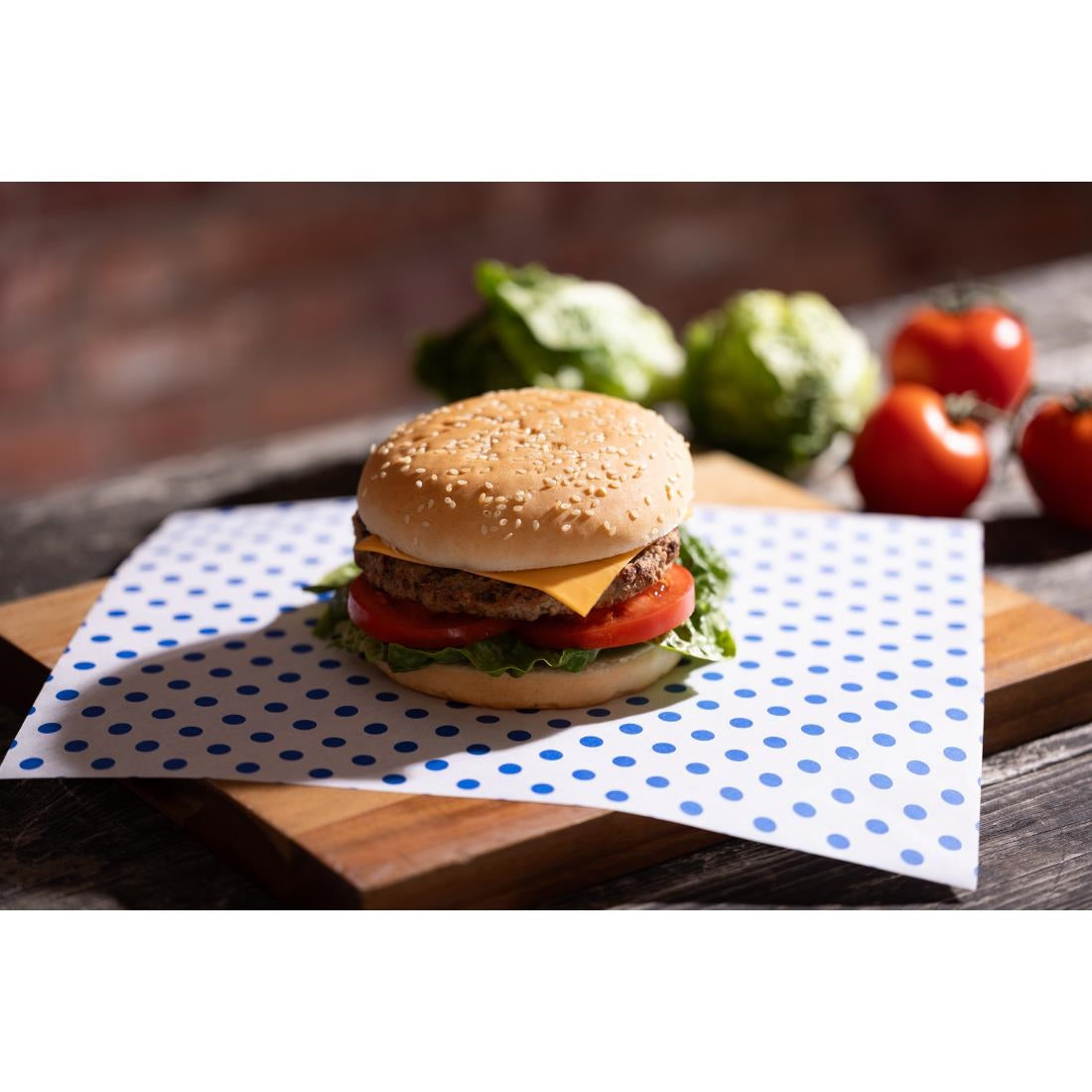 Fiesta Compostable Burger Wraps Blue Dot 250x300mm (200 Pack)