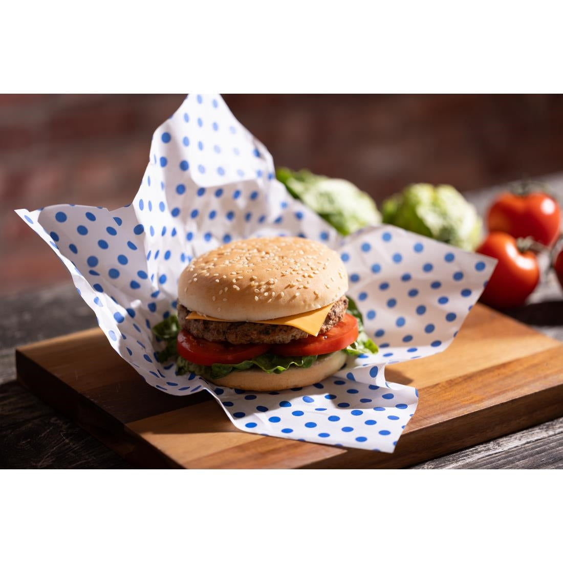 Fiesta Compostable Burger Wraps Blue Dot 250x300mm (200 Pack)