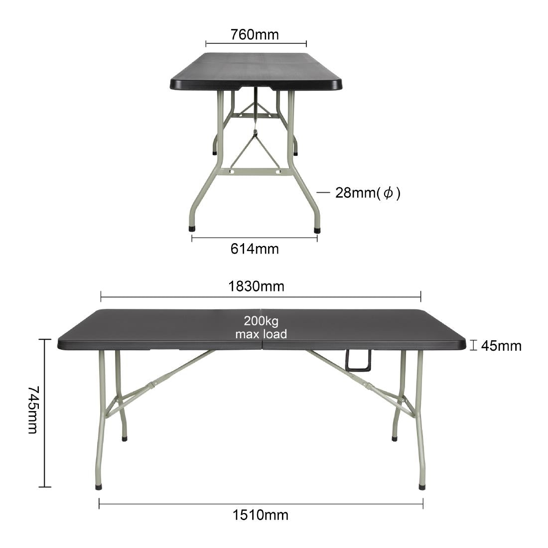 Bolero Rectangular Centre Folding Table Black 6ft