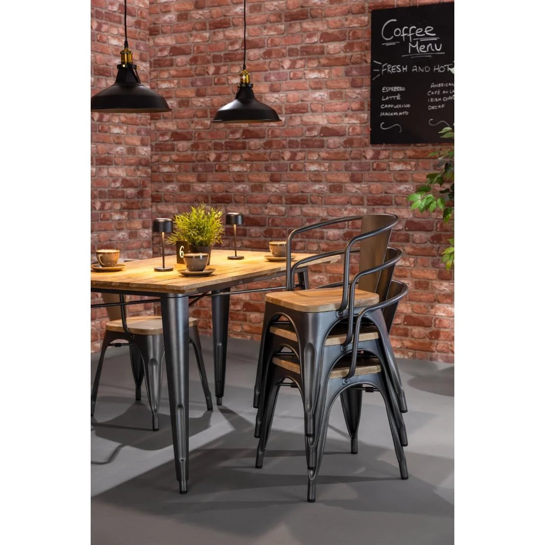 Bolero Bistro Curve Armchairs with Wooden Seat Pad Gunmetal (4 Pack)
