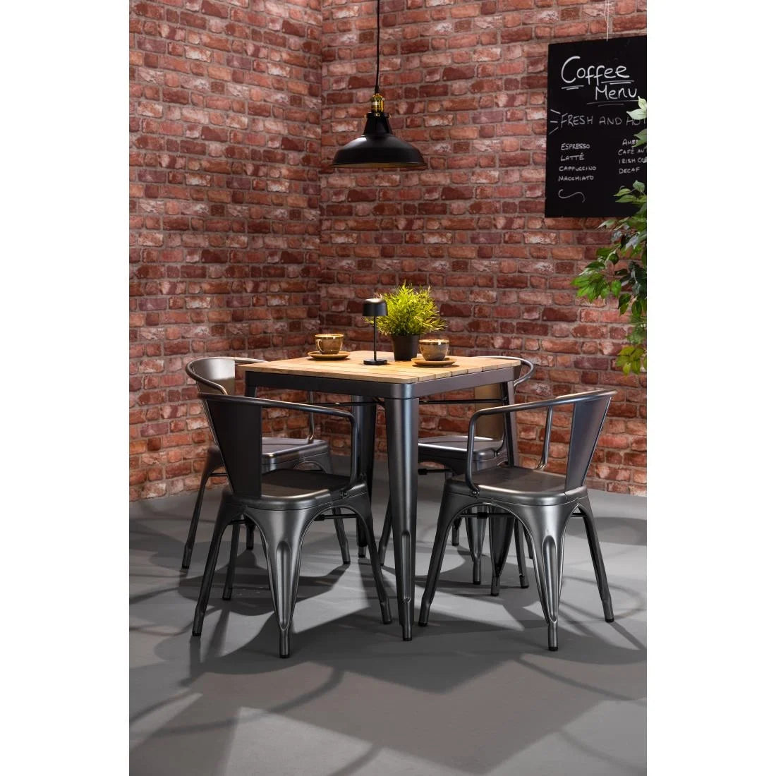 Bolero Bistro Dining Table Slatted Mango Wood Top Gunmetal Frame 650mm